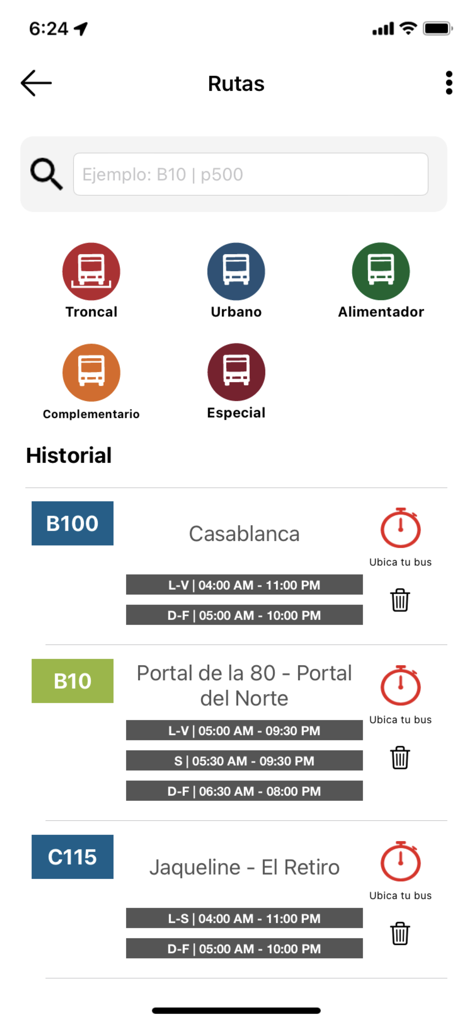 Interfaz de la aplicación TransMi mostrando diferentes categorías de rutas de autobús e historial de viajes con horarios para el transporte público de Bogotá