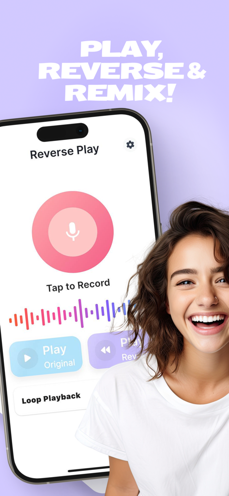 Tela de smartphone exibindo os recursos do aplicativo Reverse Play para gravação e inversão de áudio ao lado de um usuário sorrindo