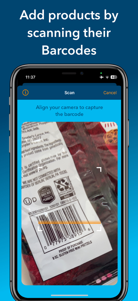 DietAssistant for PKU - Pantalla de smartphone que muestra la función de escáner de códigos de barras de la aplicación DietAssistant para PKU escaneando un paquete de alimentos.
