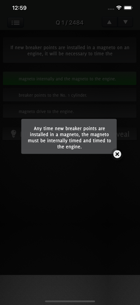 Capture d'écran d'application mobile montrant une question pratique et une explication pour l'examen de technicien de maintenance aéronautique