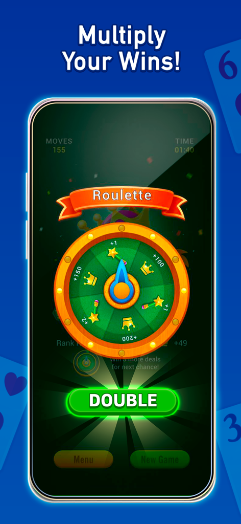 Solitaire: Classic Cards Games - Solitaire game screen featuring a roulette wheel to multiply wins and rewards