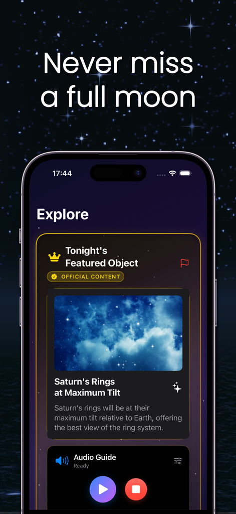 Moon - Night Sky Video Chat - Explore screen of the Moon app featuring Saturn's Rings as a celestial event and an audio guide for stargazing.