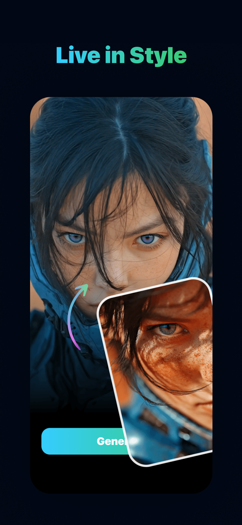 Sizzling - Uma captura de tela do aplicativo Sizzling AI mostrando uma transformação de estilo futurista com o texto Viva com Estilo