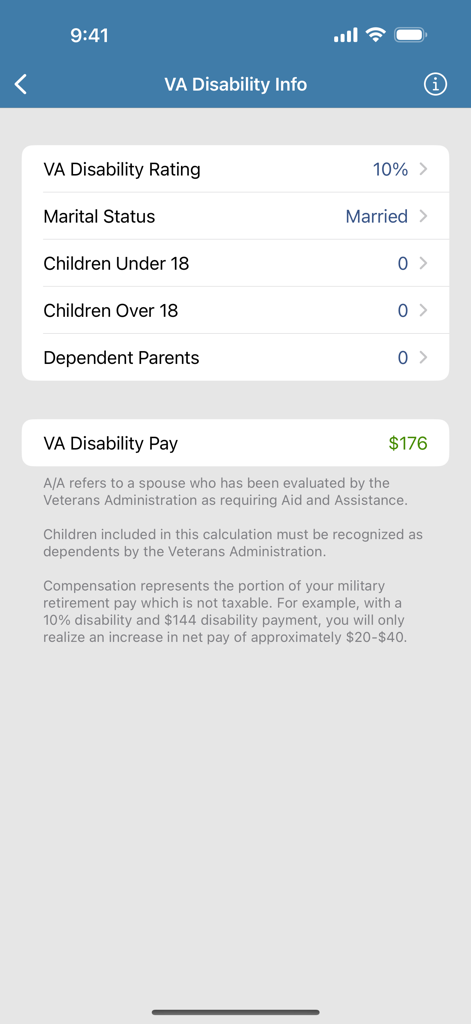 Una pantalla que muestra el cálculo de la paga por discapacidad de la VA basado en la calificación y el estado civil.