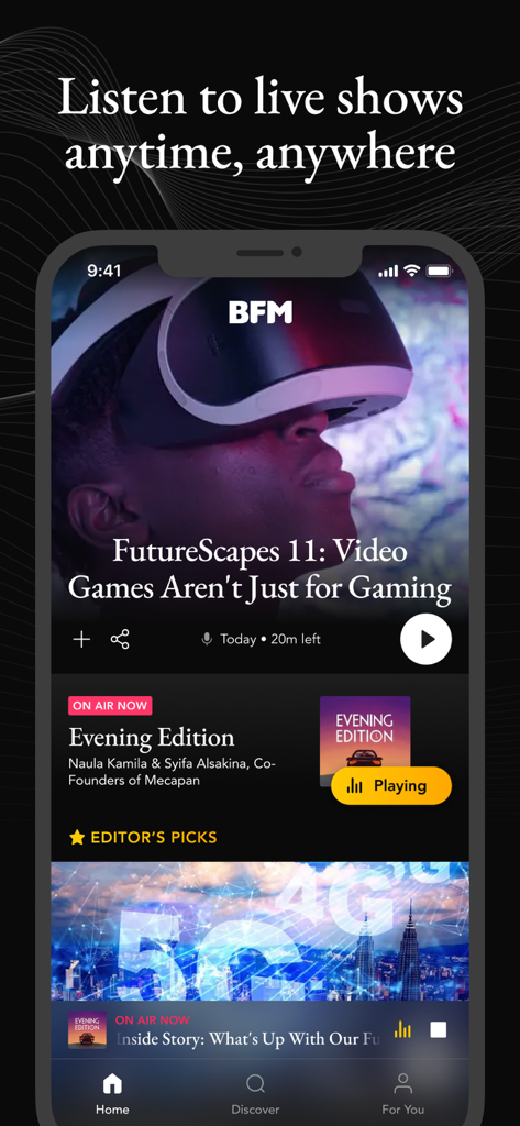 BFM Business Radio mobile app home screen showing live shows and business podcasts