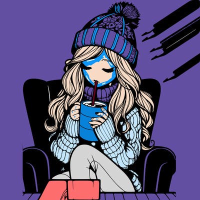 realistic girl drinking hot cocoa sitting in a chair wearing a cozy sweater and hat