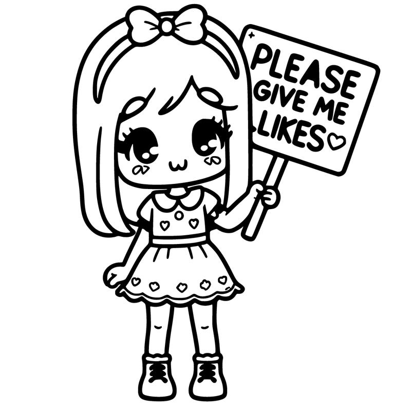 girl with a cute dress on with sign that sead please give me likes