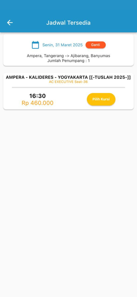 Sumber Alam - Sumber Alam app bus schedule selection screen showing route and price details