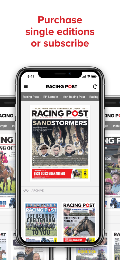 Racing Post Newspaper - Interfaz de aplicación móvil que muestra varias ediciones digitales del periódico Racing Post con opciones para comprar o suscribirse.