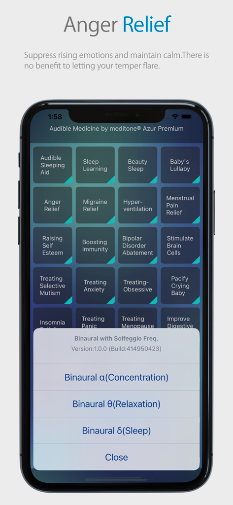 meditone® Azur Premium - meditone Azur Premium app interface showing anger relief session settings and binaural frequency selection menu
