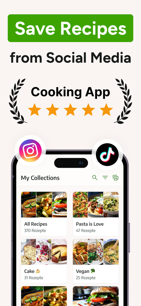 Interfaz de la aplicación Keep Recipes mostrando colecciones de recetas guardadas de Instagram y TikTok