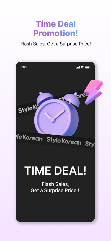 StyleKorean - StyleKorean app Time Deal flash sales promotion screen with a purple alarm clock