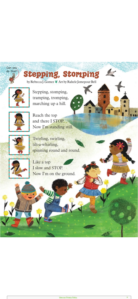 Ladybug: Fun stories & songs - Illustrated children's poem titled Stepping Stomping from the Ladybug app showing diverse kids playing outdoors