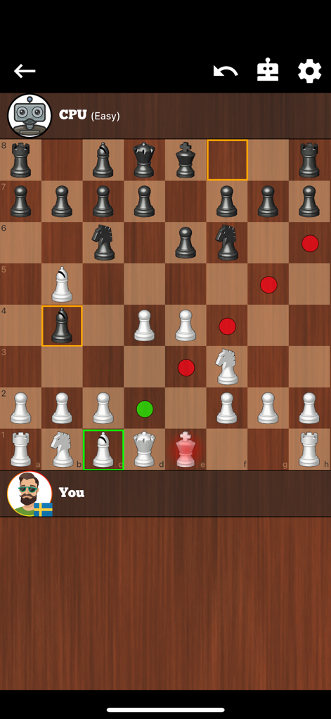 Chess Online - Duel Friends! - In game view of a chess match against a computer opponent with move highlights and a realistic wooden board design