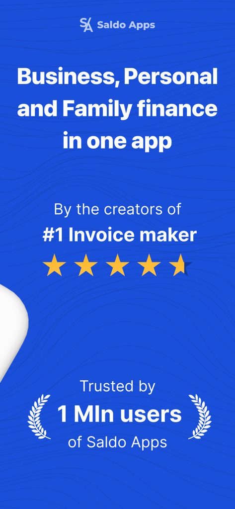 Saldoファイナンス管理アプリの紹介画面。評価と信頼統計を表示