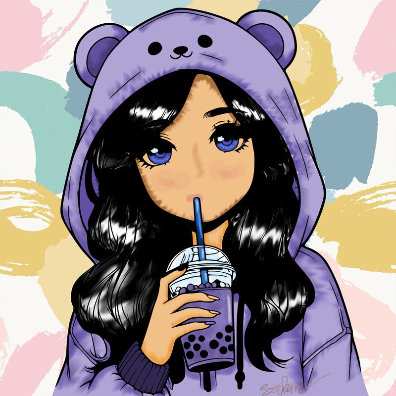 realistic girl in a bear hoody drinking boba