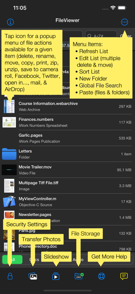 FileViewer USB for iPhone - Interfaz de la aplicación FileViewer USB para iPhone mostrando una lista de archivos gestionados y anotaciones de funciones.