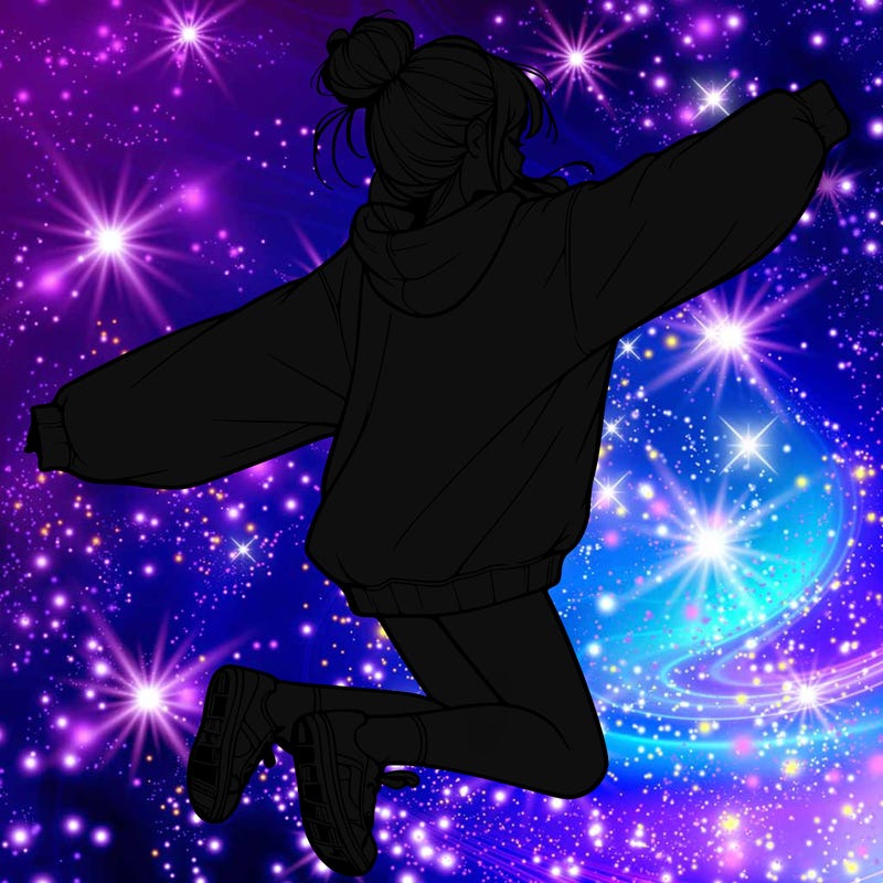 realistic girl jumping with a bun and oversized sweatshirt