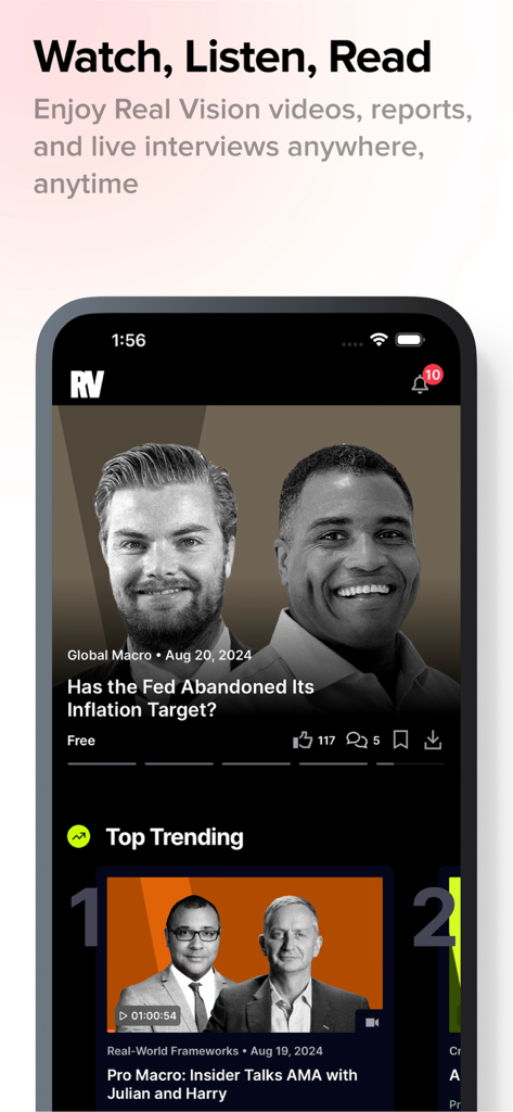 Real Vision mobile app interface showing financial video interviews and macro economic analysis