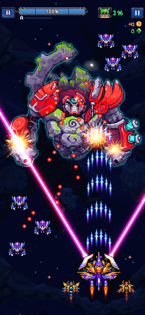 Retro pixel art gameplay of a player ship firing pink lasers at a giant mechanical boss in Falcon Squad