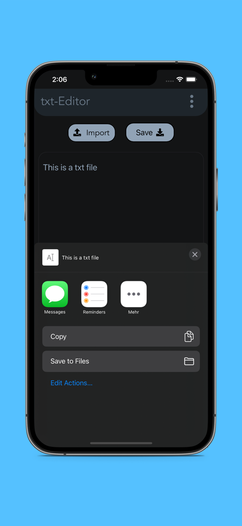 txt Editor - Text Editor - Text editor app showing file editing and sharing options on an iPhone
