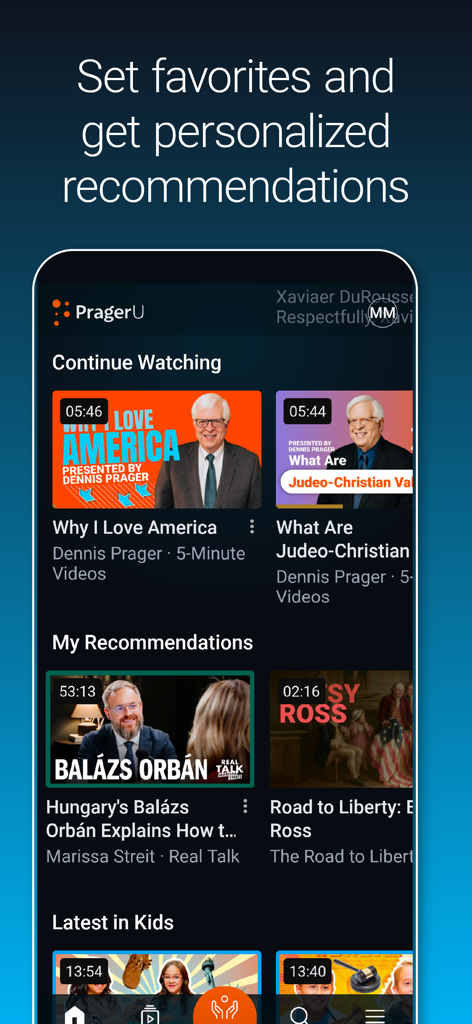 PragerU - PragerU mobile app interface showing personalized video recommendations and favorites