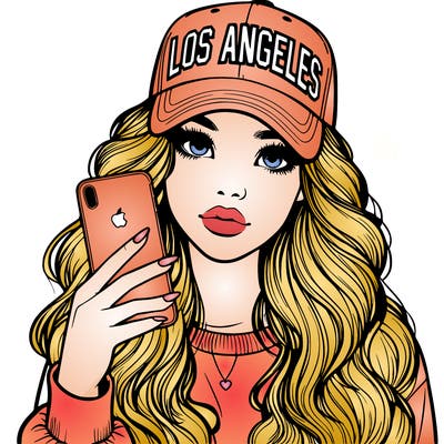 realistic beautiful girl wearing los ángeles cap holding an iphone