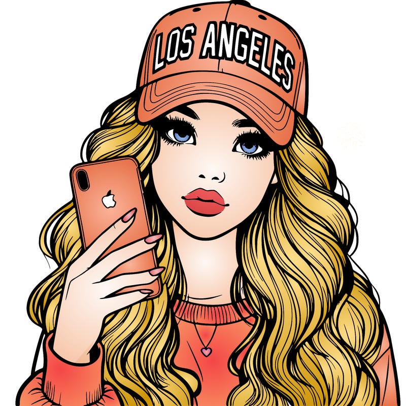 realistic beautiful girl wearing los ángeles cap holding an iphone
