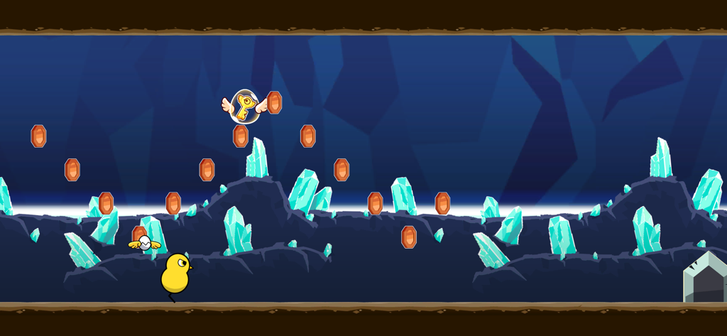 Duck Life 5: Treasure Hunt - A yellow duck character running through a crystal cave collecting coins and a winged key
