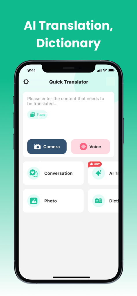 Interface do aplicativo móvel Quick Translator mostrando IA de tradução, voz, câmera e ferramentas de conversação.