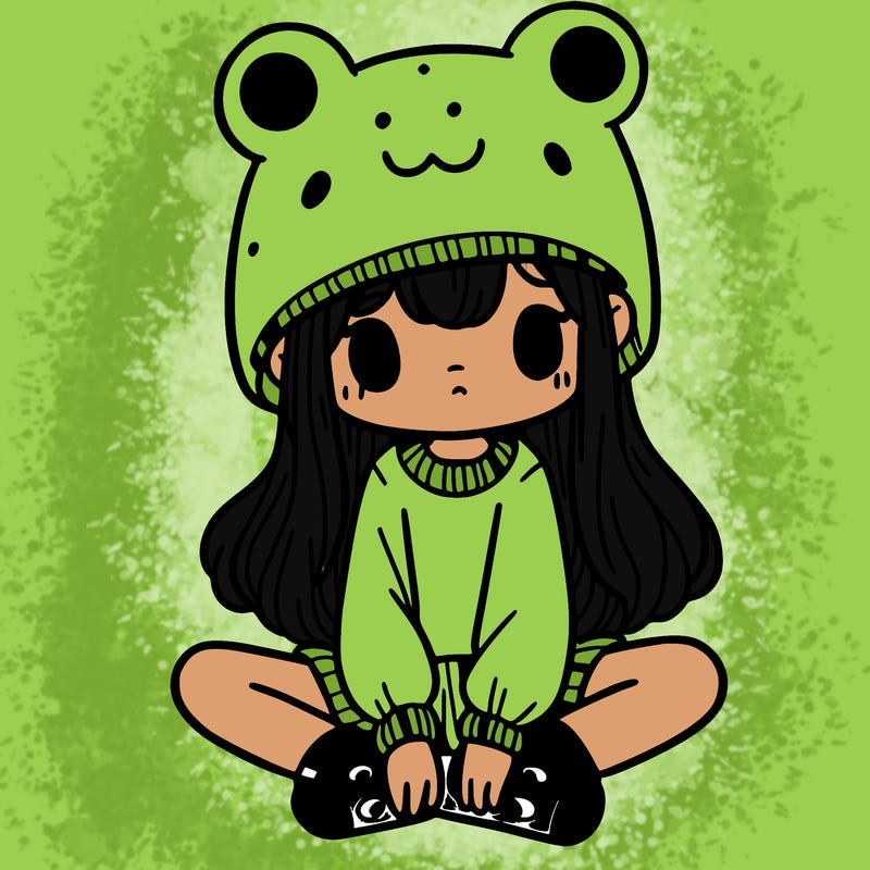 a girl wearing a frog hat and some frog socks