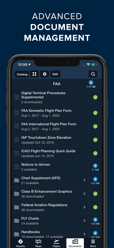 ForeFlight Mobile EFB - ForeFlight Mobile EFB app screen showing a digital library of FAA procedures and flight plan documents.