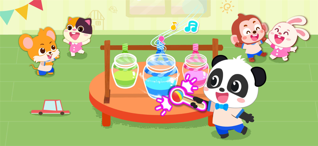 Baby Panda Kindergarten - Baby Panda playing a DIY glass bottle musical instrument in a kindergarten classroom with animal friends