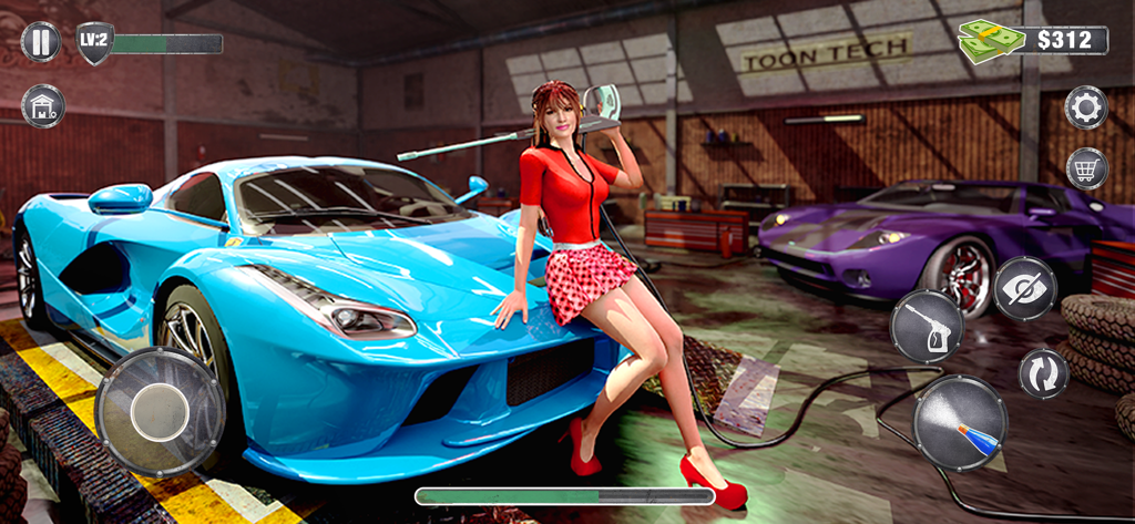 Car Wash - Power Washing Game - Voiture de sport bleue dans un garage avec un personnage tenant un nettoyeur haute pression