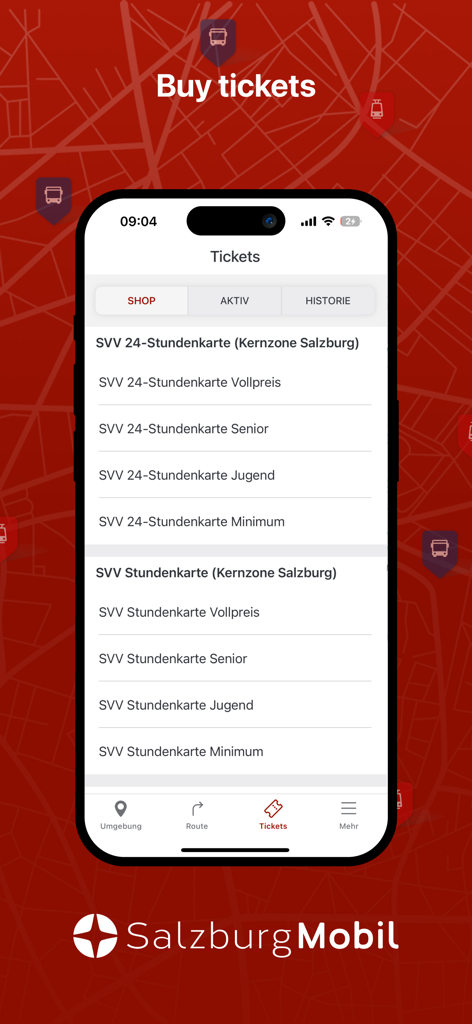SalzburgMobil - SalzburgMobil app interface showing options to buy public transit tickets.