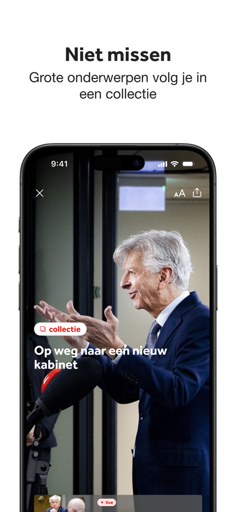 iPhoneでオランダの政治に関するキュレーションされたストーリーコレクションを表示するNOSニュースアプリのインターフェース