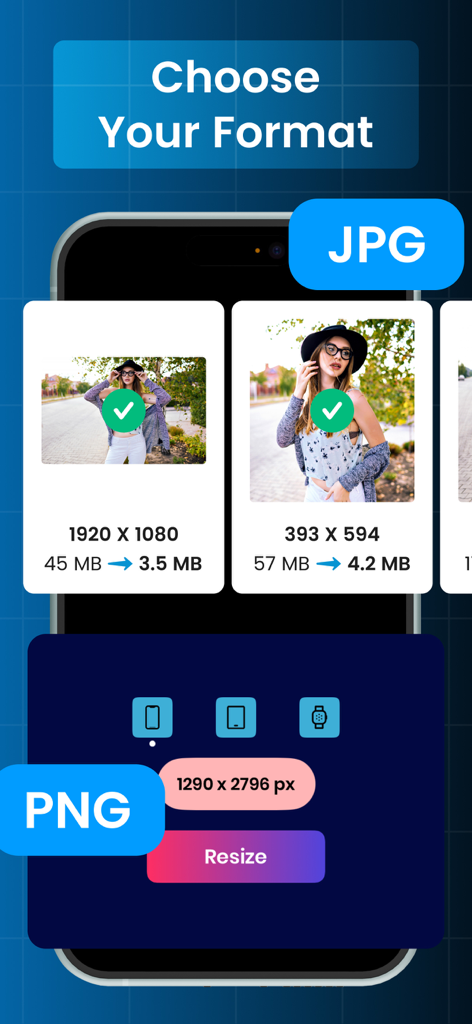 Resize : Photo & Video Edit.or - A mobile app screen showing options to choose between JPG and PNG formats and resize photos to save storage.