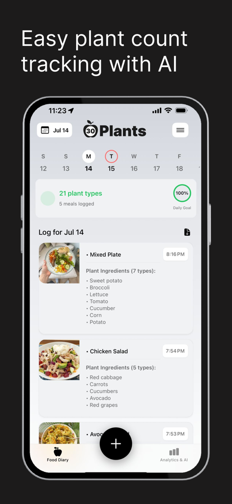 30 PLANTS: Eat Better - Smartphone screen showing the 30 Plants app food diary with AI identified plant ingredients and daily goal progress.