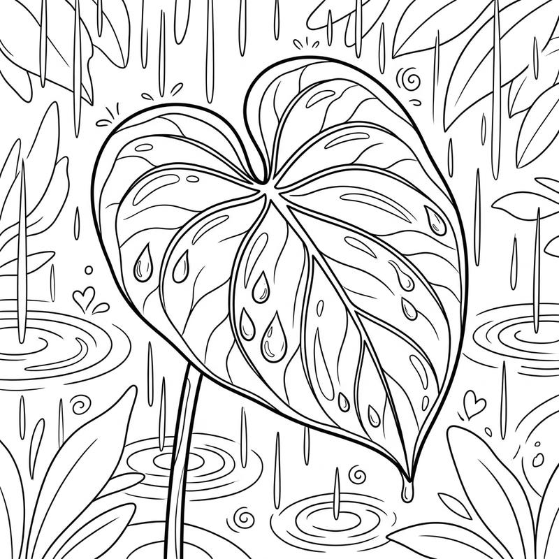 Immerse yourself in the calming beauty of a rainy day with this detailed anthurium leaf coloring page. Customize the glistening raindrops and lush foliage with your favorite colors for a serene artistic experience.