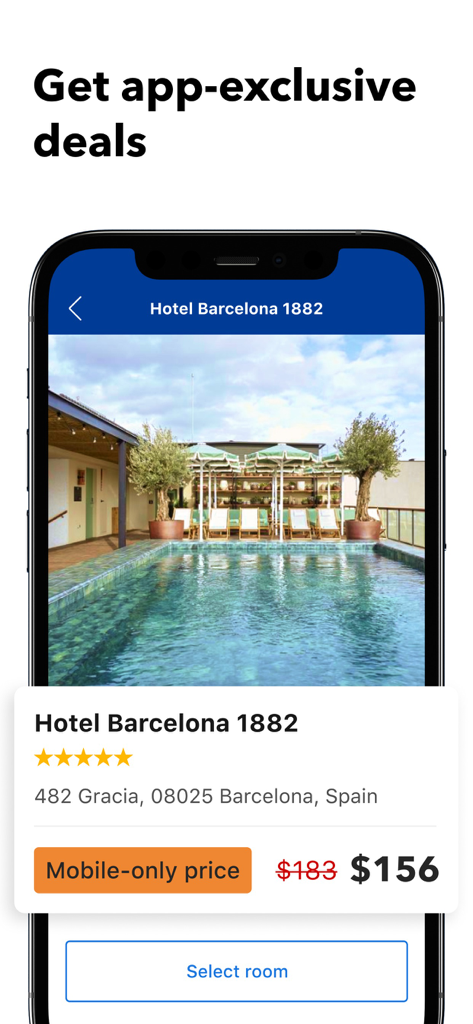 Booking.com App-Oberfläche mit einem mobilen Exklusivrabatt für ein Hotel in Barcelona
