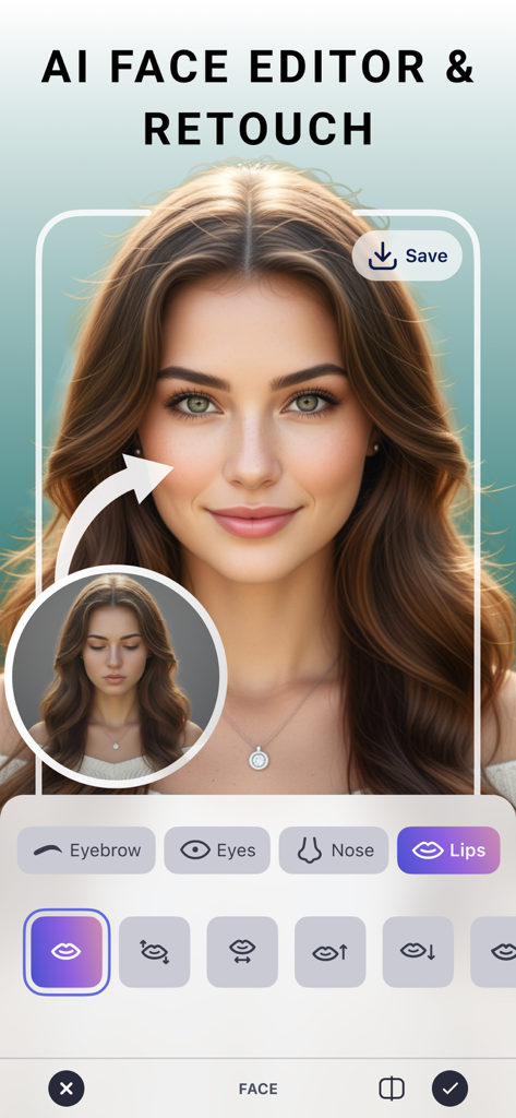 LightX: AI Photo & Body Editor - Interfaz de la aplicación LightX mostrando el editor facial y las funciones de retoque con IA en un retrato de mujer.