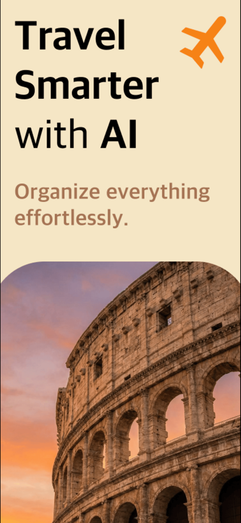 스마트 AI 여행 정리에 대한 헤드라인과 로마 콜로세움이 있는 여행 플래너 앱 홈 화면