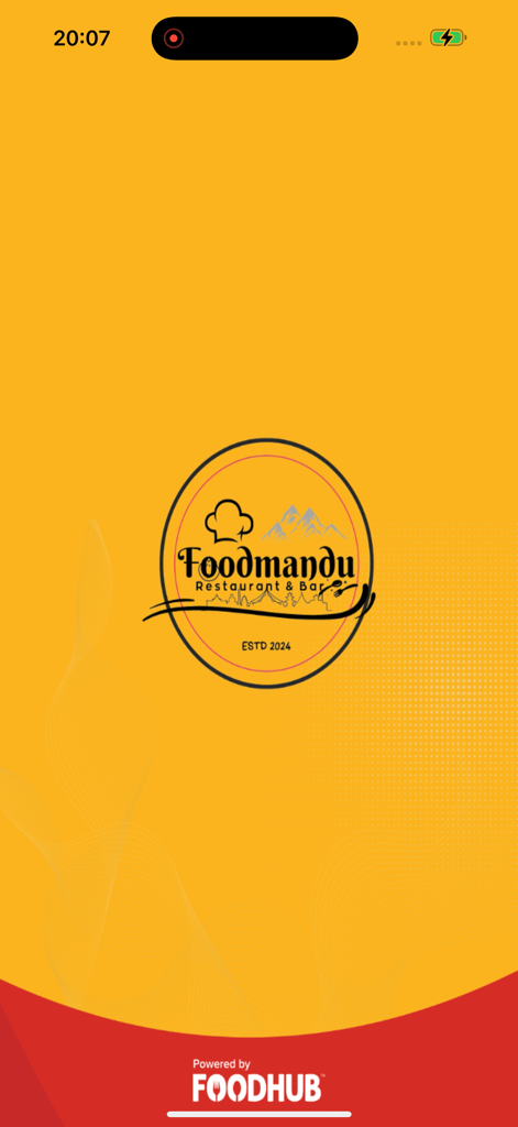 Foodmandu Restaurant and Bar app splash screen featuring the brand logo on a bright yellow background.
