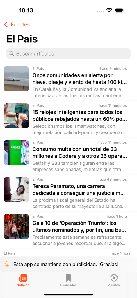 Capture d'écran de l'application Spain News affichant une liste des derniers articles du journal El País.