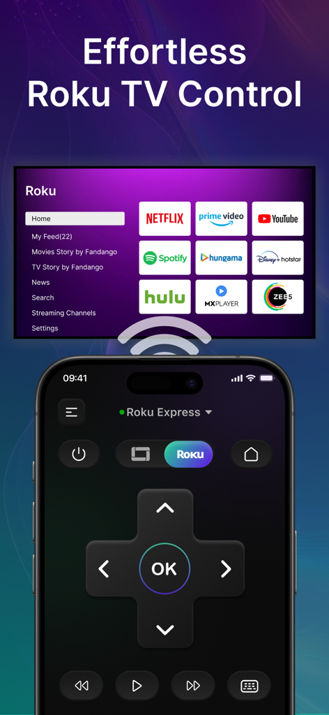 Universal Remote: All Smart TV - An iPhone displaying a digital remote control for a Roku TV with streaming service icons in the background
