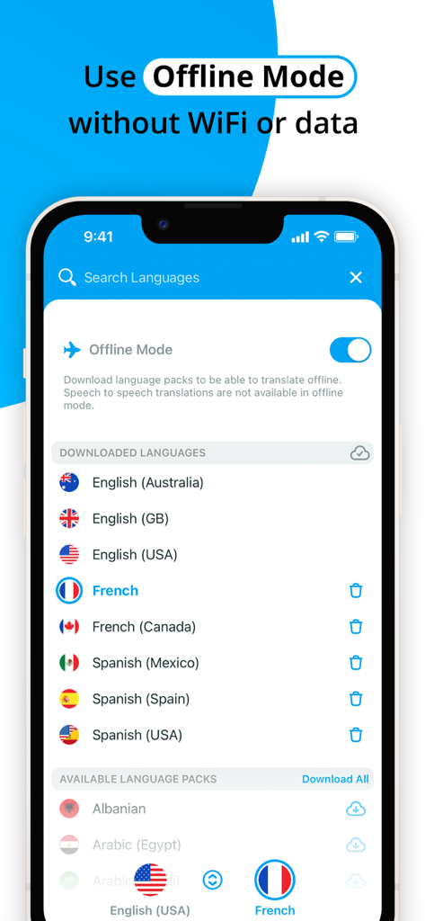 Una pantalla de smartphone que muestra el modo de traducción sin conexión con varios paquetes de idiomas descargados como inglés, francés y español.