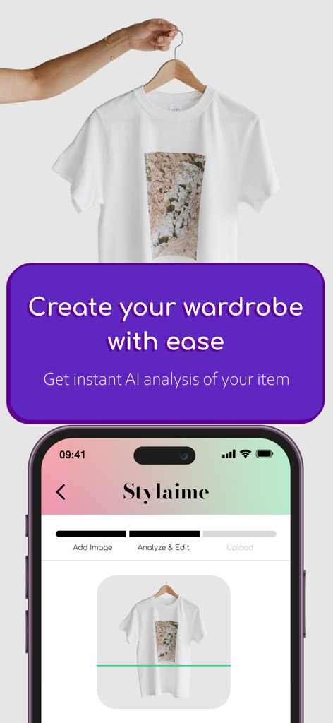 personal stylist - Stylaime - Stylaime App-Oberfläche, die eine sofortige KI-Analyse eines Hemdes für das digitale Kleiderschrankmanagement zeigt