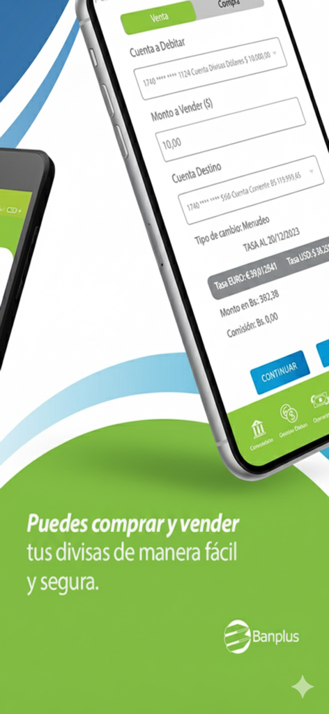 Banplus Móvil - Banplus Movil app interface for buying and selling foreign currency.