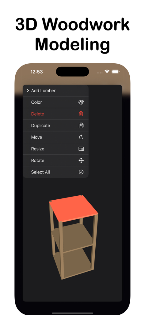 Pantalla de iPhone mostrando la herramienta de modelado de carpintería 3D Lumbernatics con un diseño de muebles y menú de edición