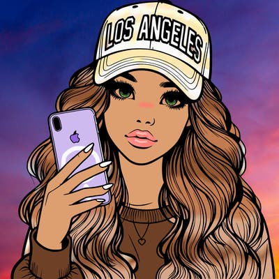 realistic beautiful girl wearing los ángeles cap holding an iphone